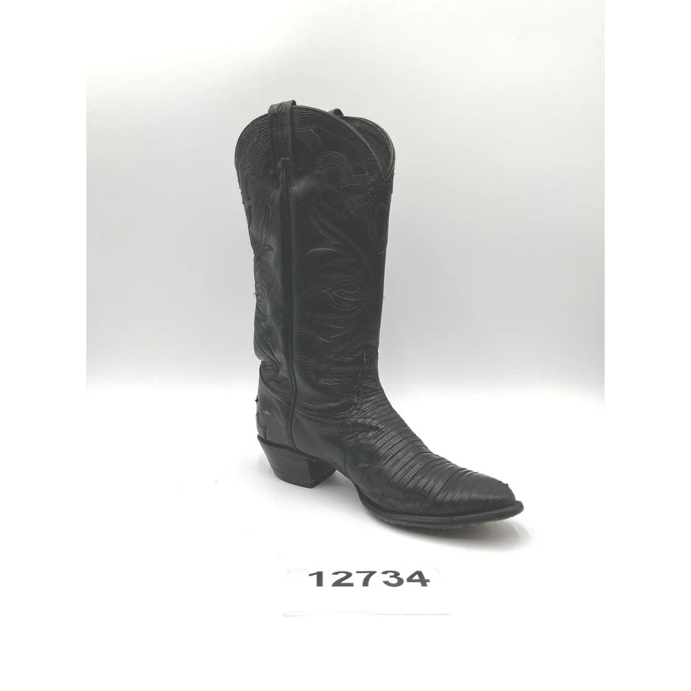 Tony Lama Exotic Nacogdoches Men 8 Black Leather Block Heel Cowboy Western Boots
